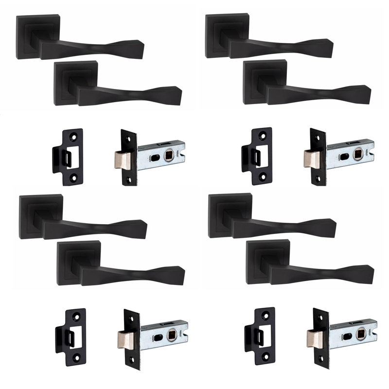  4 Sets Straight Astrid Premium Design Door Handles on Square Rose in Matt Black Finish with 2.5" Latch and 1 Pair of Ball Bearing Hinges