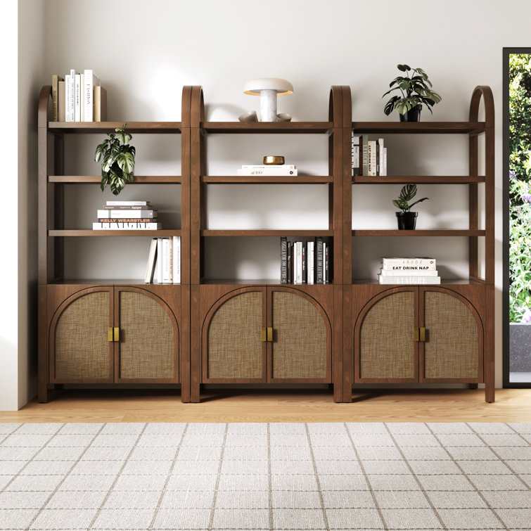 Boho 3-Shelf Bookshelf Cabinet With Rattan Doors