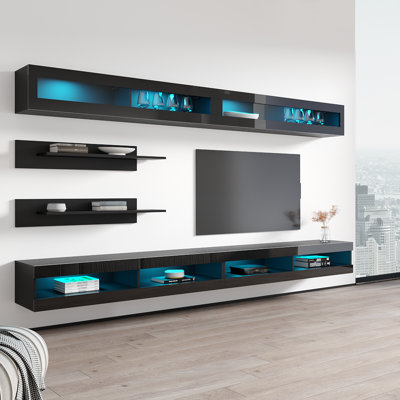 Lonergan 126" Modern Floating Wall Mounted Entertainment Center with 16-Color LED Lighting, High Gloss Finish