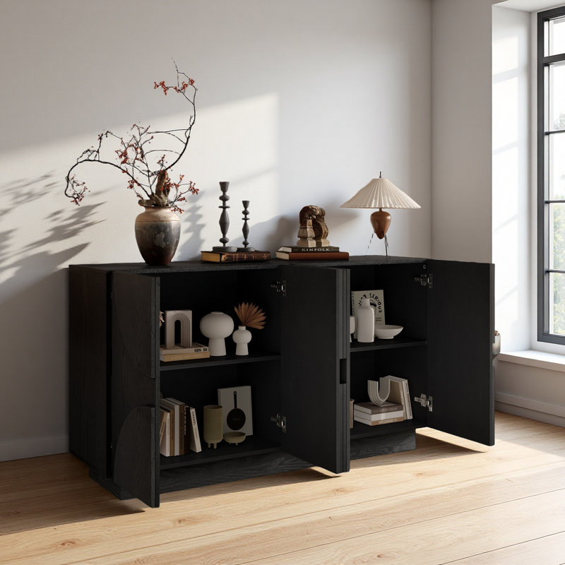 Grande armoire de rangement à 4 portes, armoire en bois avec poignées semi-circulaires et tablettes réglables pour la salle à manger, la cuisine et le salon