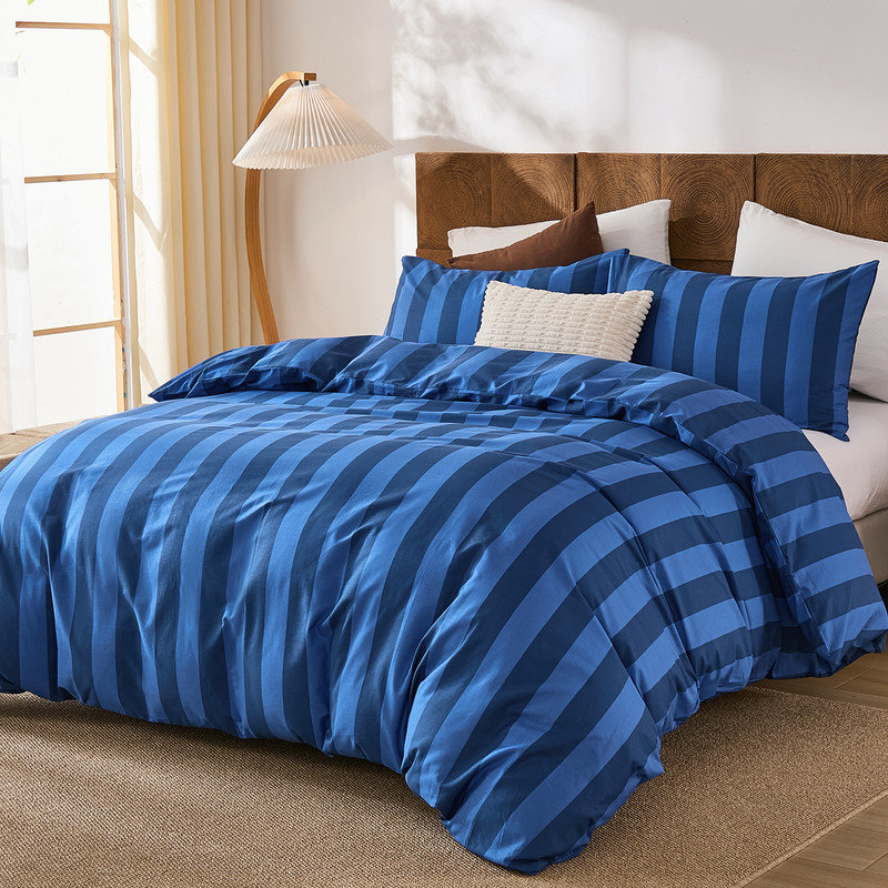 Ensemble d'édredon à rayures bleues pour lit très grand 100% coton naturel, Édredon très grand et 2 taies d'oreiller