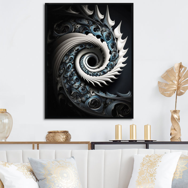 «Blue and White», art liquide sur toile, L 12 po x H 20 po, Cadre flottant noir