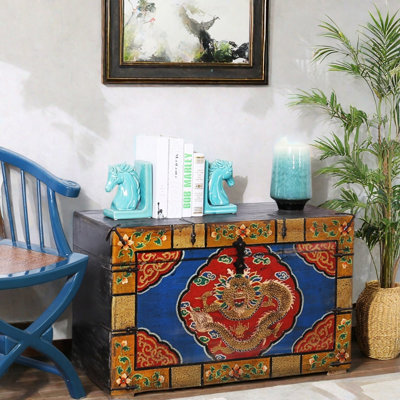 Large Retro Distressed Solid Wood Accent Trunk