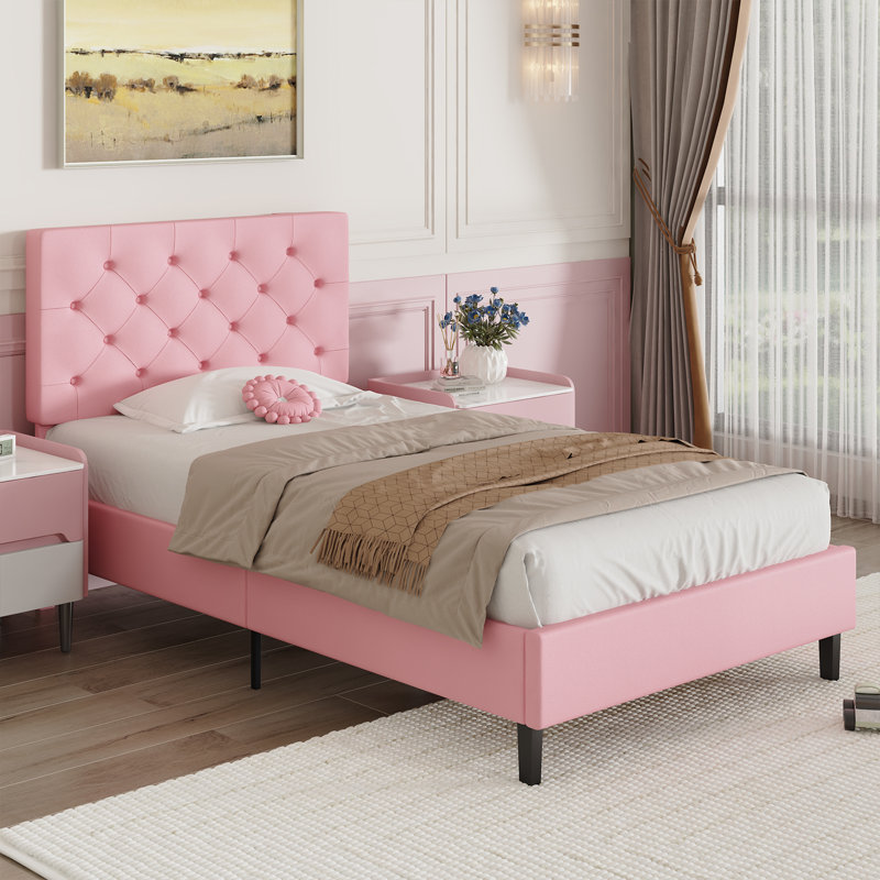 Structure de lit avec tête de lit, lit plateforme tapissier avec capitonnage à boutons Desigh, Lit simple, Rose