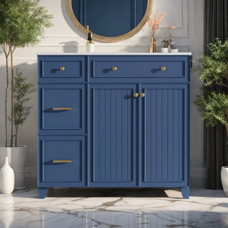 Meuble-lavabo de 36 po avec lavabo en céramique, tiroirs standard et double couche, portes à fermeture en douceur, tablettes réglables, armoire de rangement moderne pour petites et moyennes salles de bain
