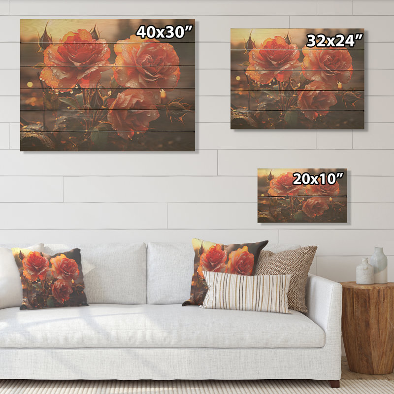 Corail roses charme au matin - Roses, art sur bois de pin naturel, H 10 po x l 20 po