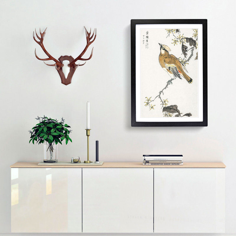 Waxwing Bird & Yellow Flowers by Numata Kashu - Picture Frame Art Print, 50cm H x 35cm W x 2cm D, Black