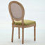 Chaises de salle à manger à structure française en bois avec peinture antique, tissu en lin et dossier en rotin, ensemble de 2, vert olive