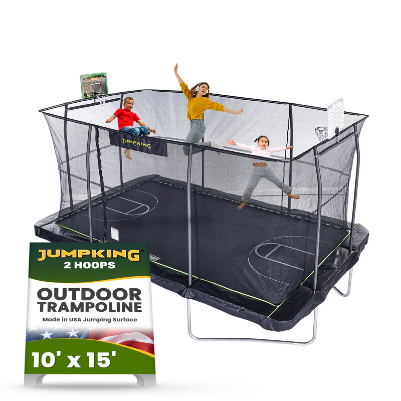 Black Rectangular Steel Trampoline with Enclosure and Basketball Hoop