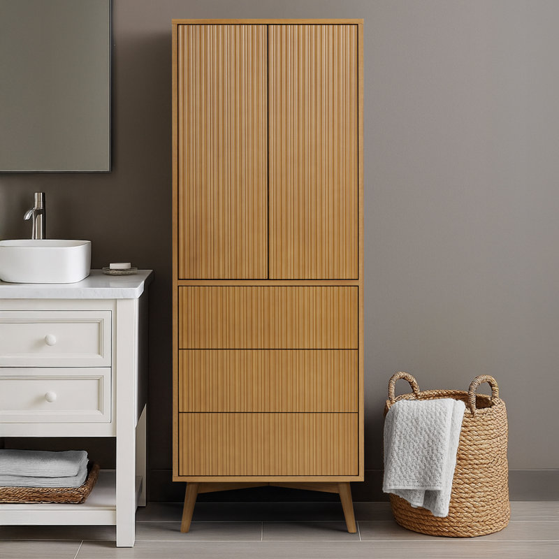Armoire à linge moderne 2 portes et 3 tiroirs avec façades en bois cannelé Tremolo, Naturel