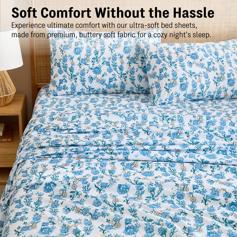 HLC.ME Ditsy Printed Floral Bed Sheets - 4 Piece Patterned Bed Sheet Set - Wrinkle Resistant &  Soft - Fits Mattresses Up To 15 Inches Deep (King, Blue)
