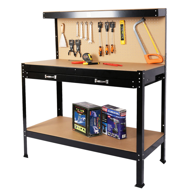 Établi de travail 115 cm, capacité de charge de 300 lb, acier noir solide, imperméable et antirouille, surface d'équipement de bureau, qualité commerciale