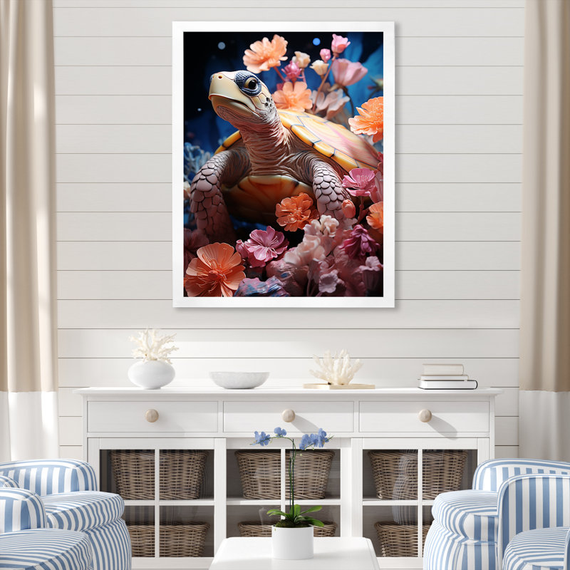 " Romantic Solitude Turtle I ", 40" H x 30" W x 1.5" D, White Single Picture Framed