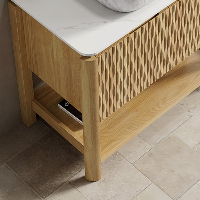 Armoire autoportante 36 po 36 po avec 2 portes et tablette ouverte, plateau en pierre frittée blanc de Carrare, sans lavabo, sans robinet ni drain, couleur chêne brun