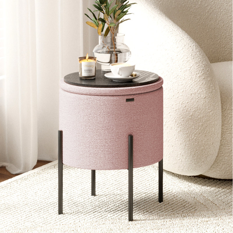 Modern Round Boucle Ottoman With Storage, Pink