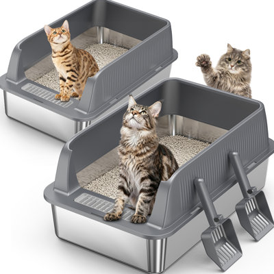De 2 bacs à litière pour chat en acier inoxydable, conception à côtés hauts pour arrêter les déversements, fabrication avec abdos et acier, surface facile à nettoyer, fonction d'odeur, crochet, argent noir, profondeur de 22,62 po, largeur de 14,82 po, 10,12 po