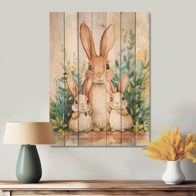 Cute Family Of Rabbit Cartoon I - Modern Wooden Wall Art On Natural Pine Wood