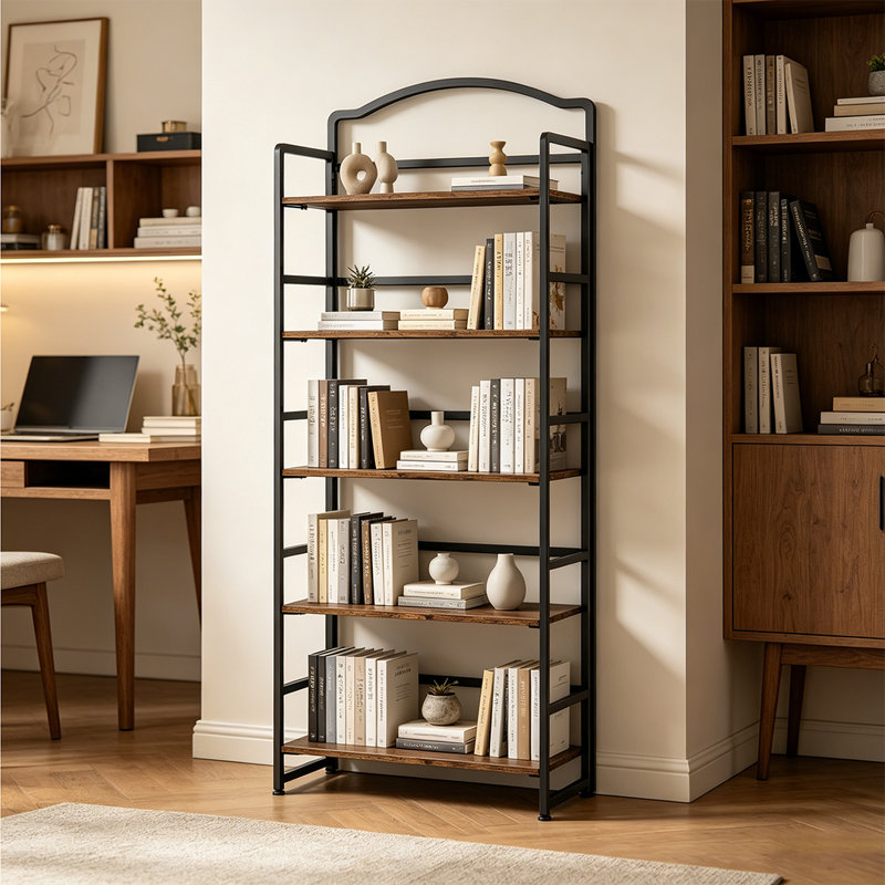 Bibliothèque pliante à 5 niveaux, bibliothèque pliable arquée pour le bureau de la chambre à coucher du salon, sans assemblage