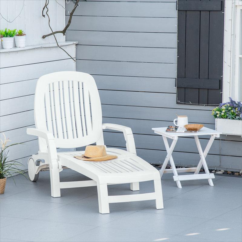 Outsunny Outdoor Chaise Lounge Chair With Storage, Waterproof, Quick Assembly, Folding Design, 5 Level Adjustable Backrest, White