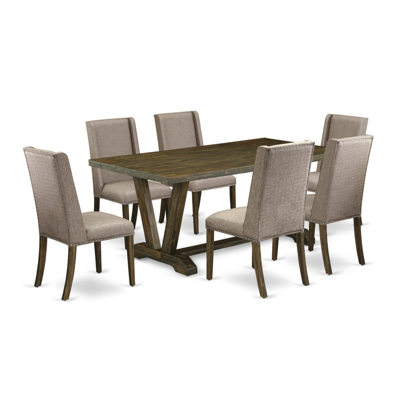 7-Pc set with a fantastic Distressed Jacobean Kitchen table top and 6 Dark Khaki parson chairs with Nail heads and a High Stylish Chair Back, Distressed Jacobean Finish