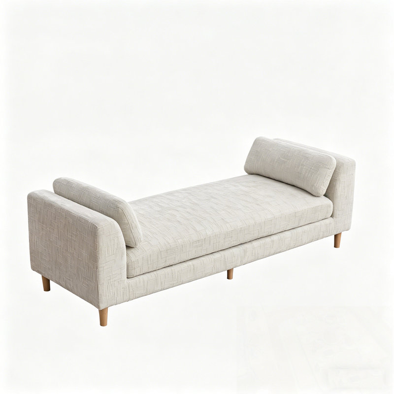 Upholstered Bench with Armrests and 2 Bolster Pillows, Beige