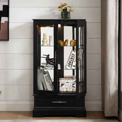 Élégante vitrine en verre éclairée à 2 portes avec tablettes réglables, attrait rétro et tiroir intégré, noir, pour l'éclairage intégré de décor de vestibule, style américain classique, maison