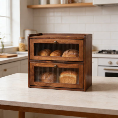 Wooden Bread Box For Kitchen Countertop With Acrylic Window, 2-Tier Bread Storage Container With Ventilation, Large Capacity Bread Pantry Organizer
