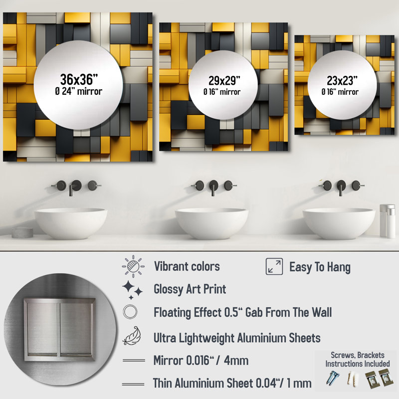 Harmonie de blocs géométriques jaunes et gris - miroir carré moderne pour décoration murale, 36 po x 36 po