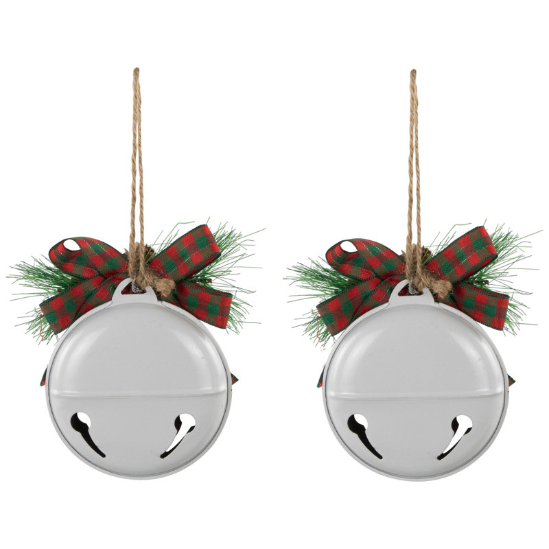 Jingle Bells With Bow And Pinecones Christmas Disc Ornaments - 5" - Set Of 2, White
