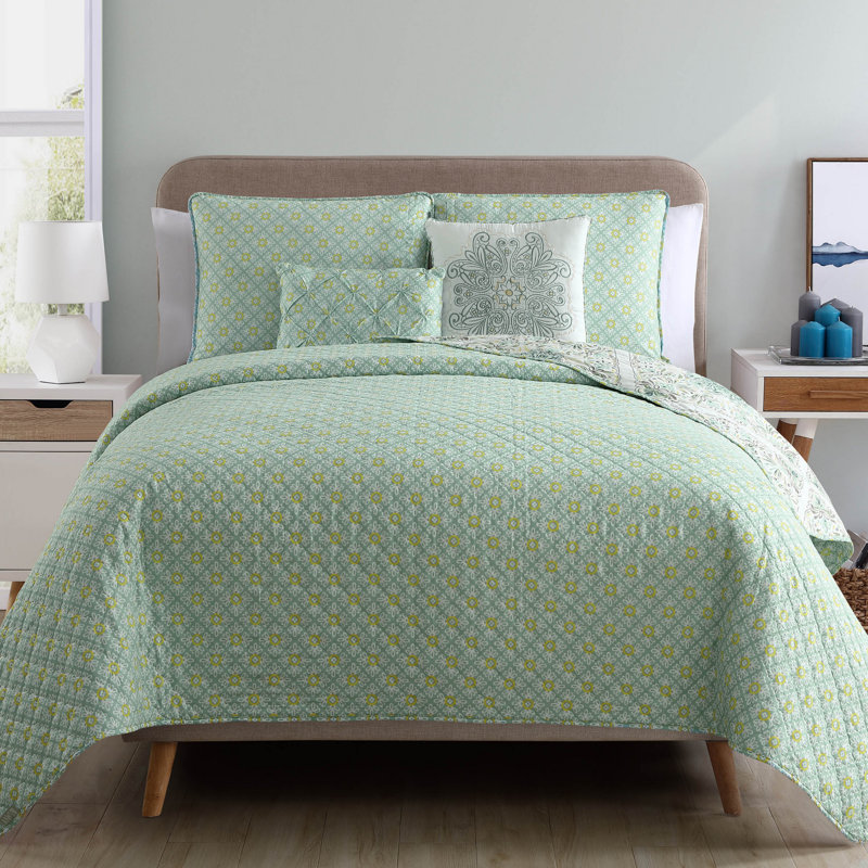 Ensemble de courtepointe réversible Windsor Medallion, Turquoise, Couvre-lit pour grand lit + 5 pièces supplémenta