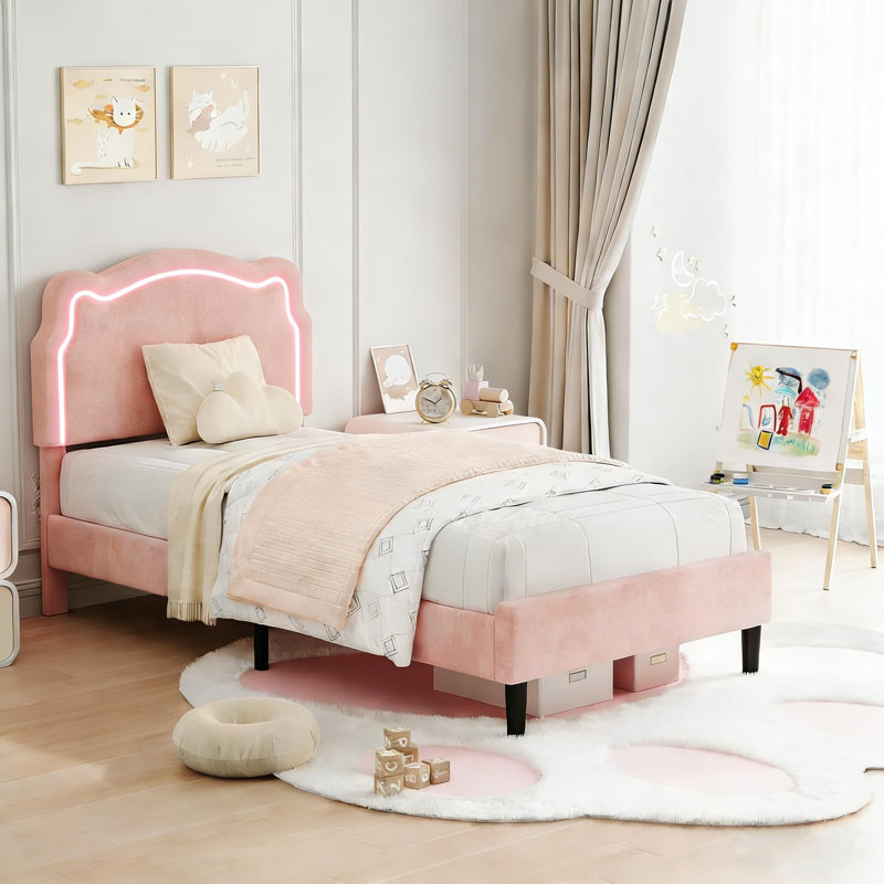 Structure de lit simple avec tête de lit réglable, lit plateforme en velours en forme d'ours, aucun sommier requis, Rose