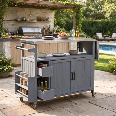 54.33 Inch Farmhouse Rolling Outdoor Kitchen Cart with Solid Wood Frame and Stainless Steel Top, Prep Station for Patio Backyard BBQ and Indoor Kitchen, Lockable Wheels Spice Rack Towel Rack Multi Functional Storage