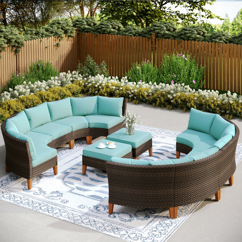 Ensemble de patio modulaire en osier 12 pièces avec coussins Salem, Bleu