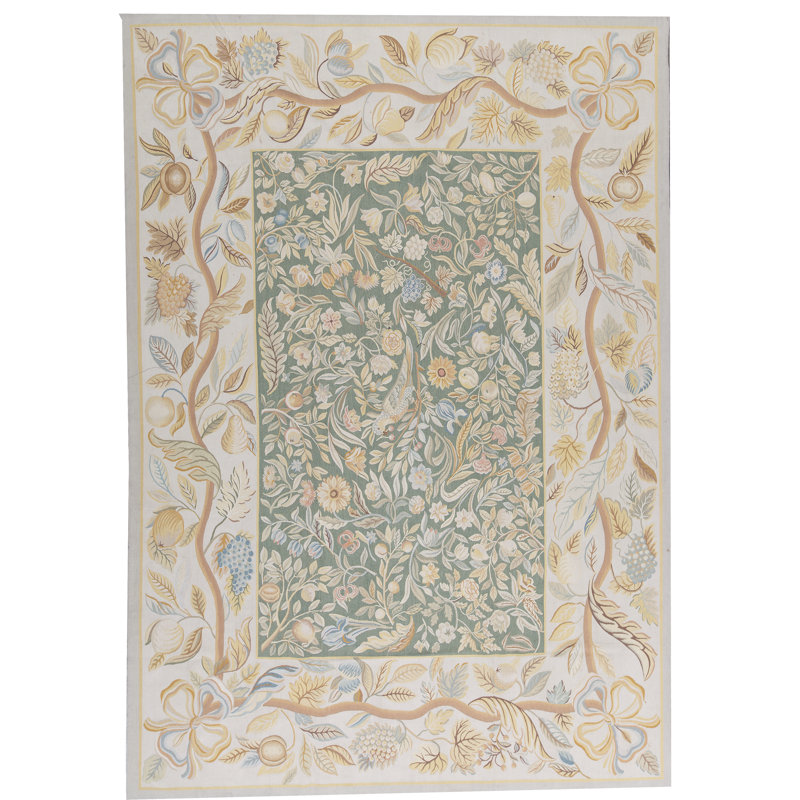 Hand-Knotted High-Quality Green and Ivory Area Rug