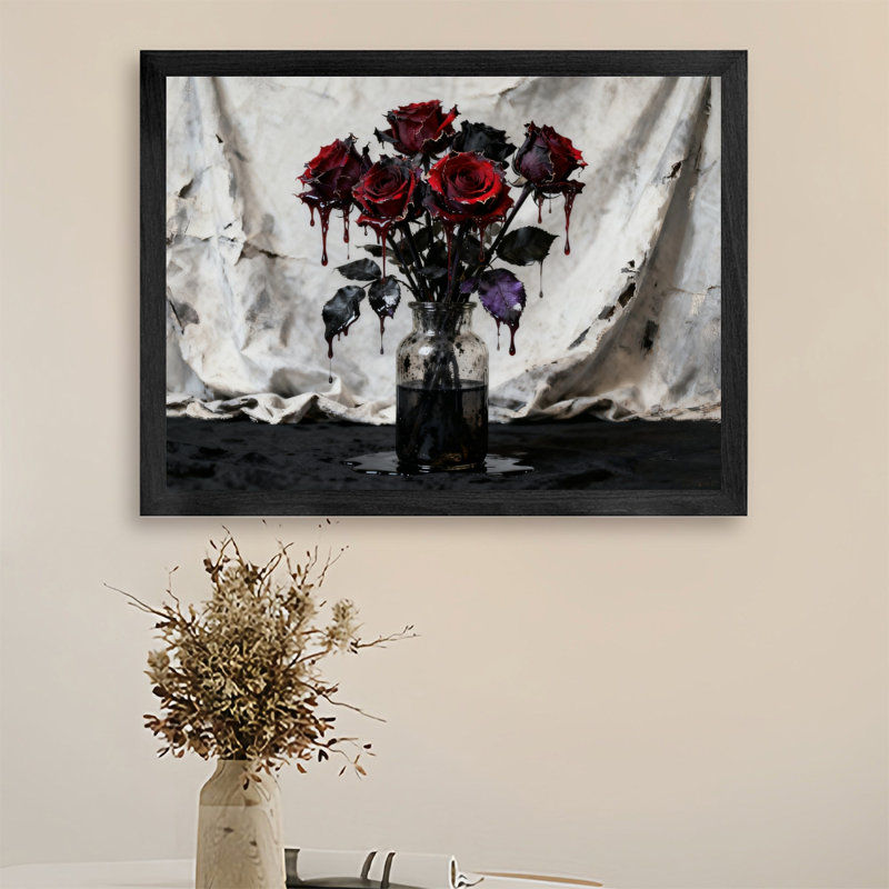 Reproduction d'art encadré noir avec roses foncées rétro sous le rideau, H 37 po x l 25 po