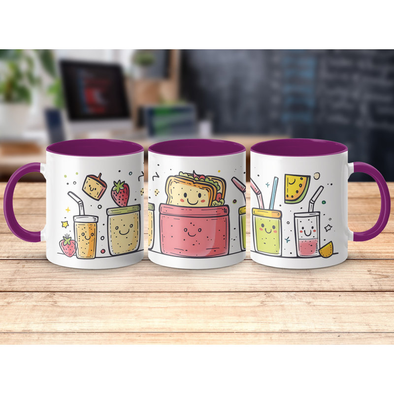 Kids Drawing Style 11oz Accent Mugs – Ceramic Coffee Cup with a Purple Handle and Interior