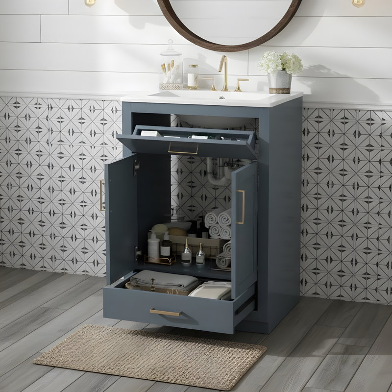 Meuble-lavabo de 24 po avec lavabo en céramique intégré et armoire de salle de bain avec tiroirs inclinés, Bleu