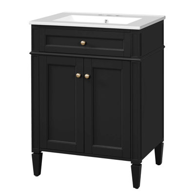 Meuble-lavabo de 24 po avec 2 portes, tiroir coulissant et lavabo, portes à fermeture en douceur pour rangement organisé
