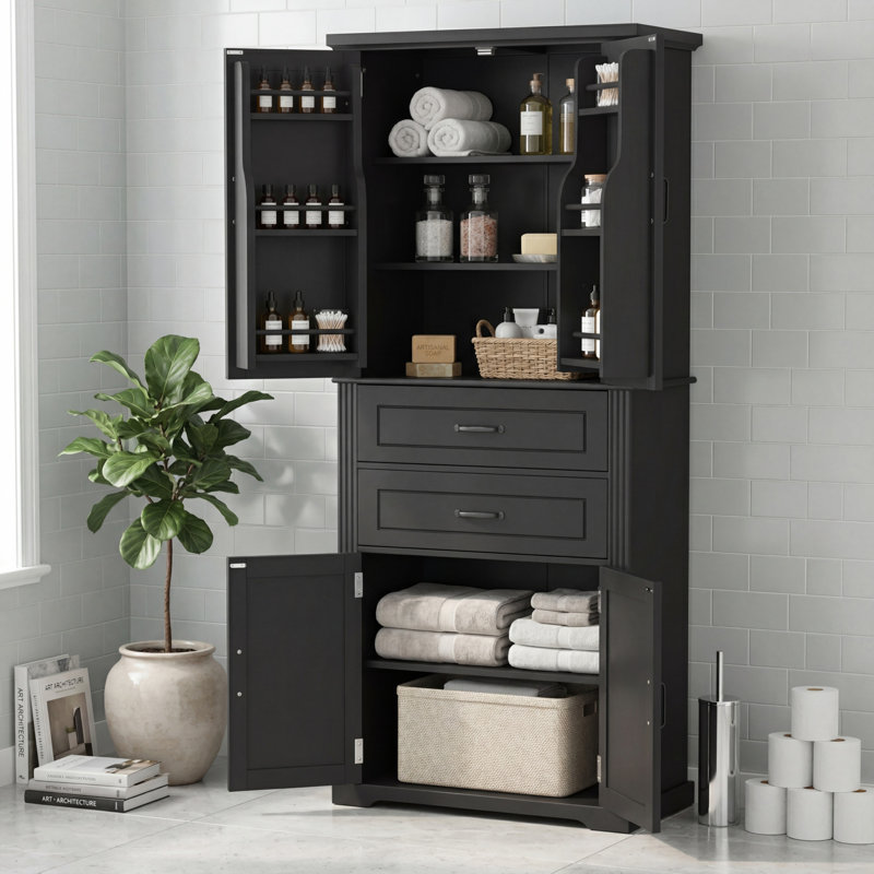 Black Multi-Functional Storage Cabinet With Storage Shelves, Double Drawers, Adjustable Shelves, Large Capacity, Sturdy And Practical.