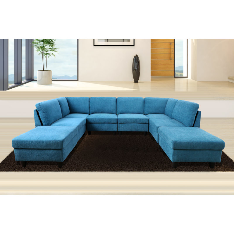 Canapé modulaire symétrique de 118 po avec repose-pieds Airica, Mélange de polyester bleu