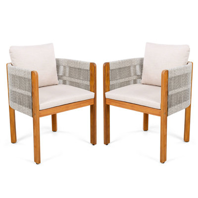 Acacia Wood Outdoor Dining Chairs 2-Pack With Rope Handles, Washable Waterproof Cushions, 400 Lbs Capacity