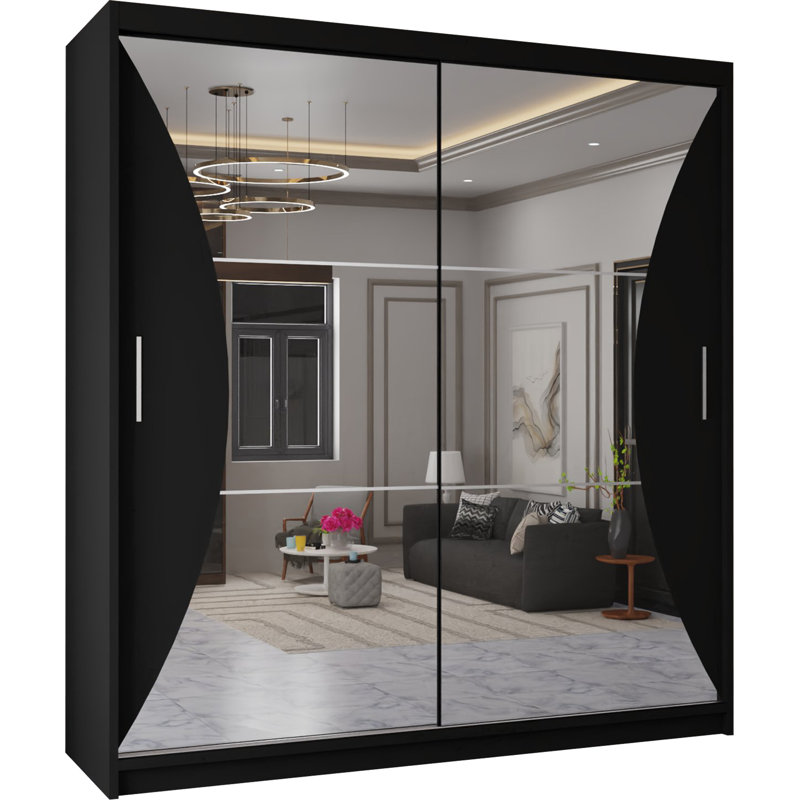 Modern 2 Door Sliding Mirror Wardrobe – Stylish Bedroom Storage in 2 Sizes and 3 Colours, Black, 217cm H x 203cm W x 62cm D