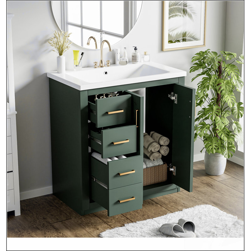 Ensemble de meuble-lavabo 30 po avec lavabo en céramique, armoire de rangement en bois massif, ensemble de meuble-lavabo autoportant avec 3 tiroirs et portes à fermeture douce