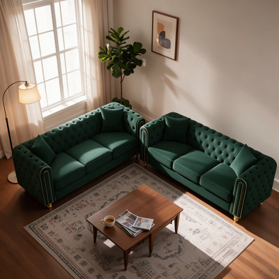 Ensemble canapé 3+3 Hayslett, capitonnage à boutons, accoudoirs arrondis et pieds dorés, vert