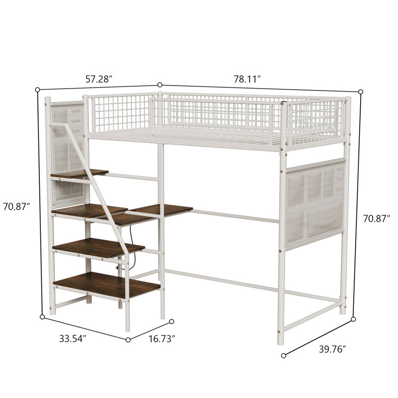 Lit mezzanine simple en métal pour la chambre à coucher - blanc, charge intégrée, lumières à DEL, dortoir blanc robuste