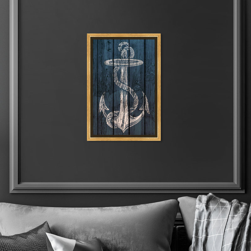 Nautical and Coastal Blue Rustic Anchor Nautical Watercrafts - impression d'art graphique, H 30 po x l 45 po, Cadre doré