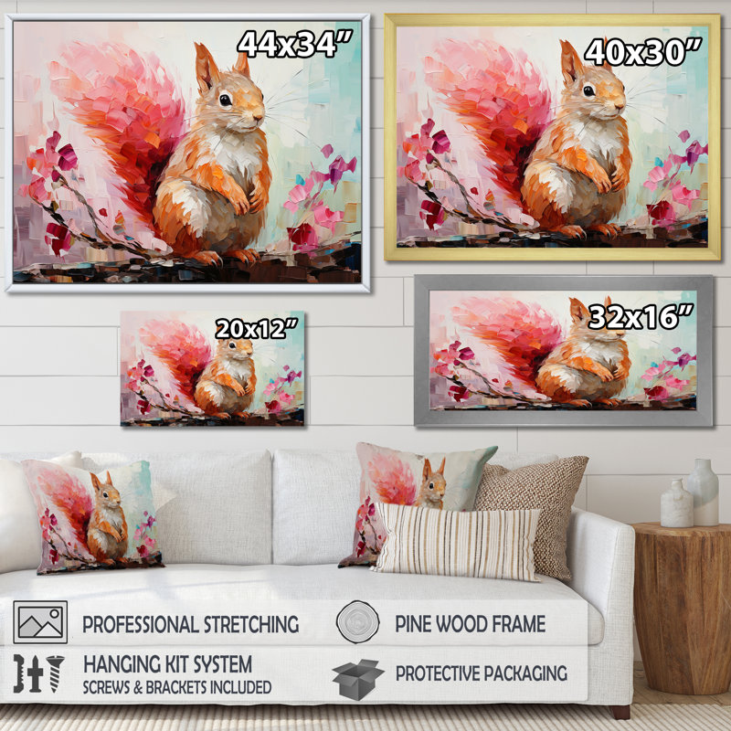 Écureuil rose et vert en fleurs IV - écureuil, art mural animal, Toile tendue, H 16 po x l 32 po x P 1 po