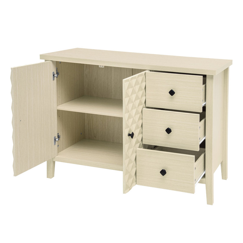 Buffet moderne à 3 tiroirs et 2 portes avec finition grain de bois, texture en forme de losange et poignées confortables Armoire de rangement élégante Poignées noires, charnières en métal, espace réglable
