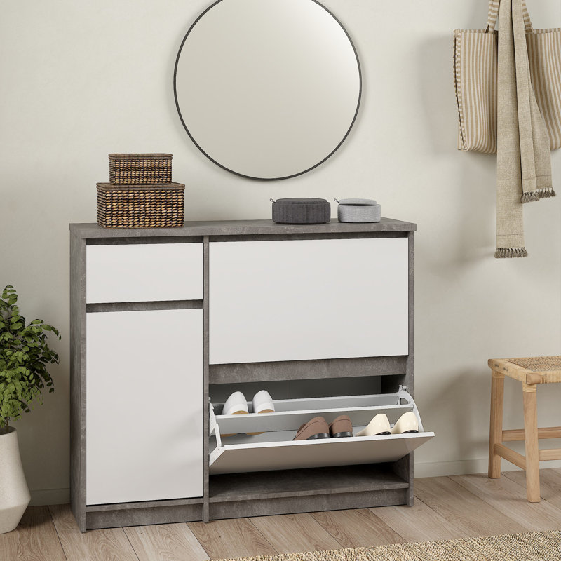 Aveon 12 Pair Shoe Storage Cabinet, Concrete/White High Gloss