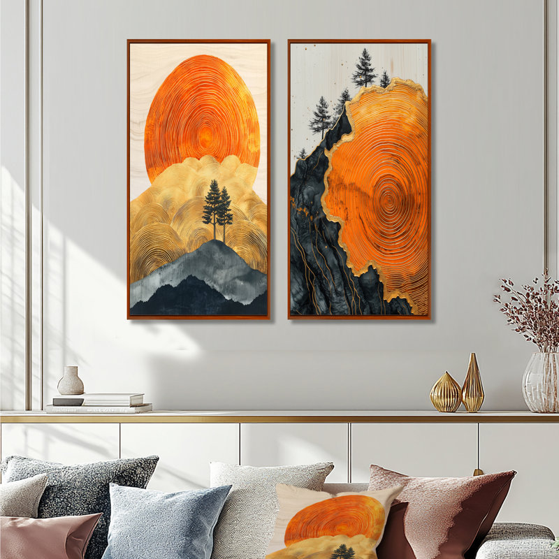«Sunrise Tree In African Field Landscape II», collection d'art mural 2 pièces, H 28 po x l 25 po, Cadre flottant brun